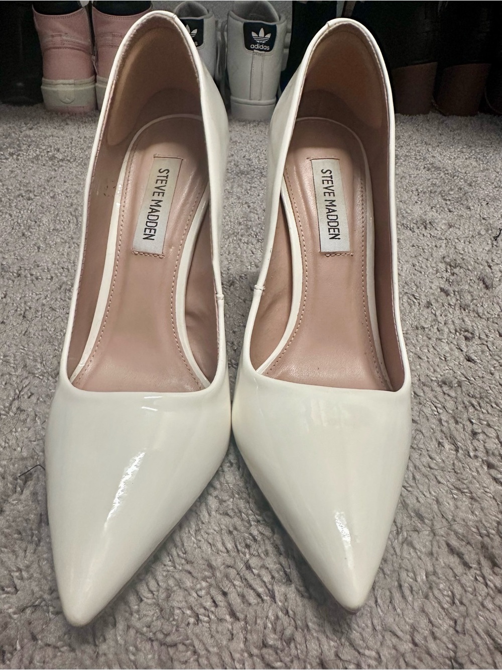 Steve Madden White Patent Pointed-Toe Pumps